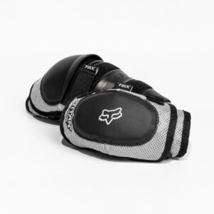 Two black and grey elbow and knee pads featuring a Fox logo against a white background.
