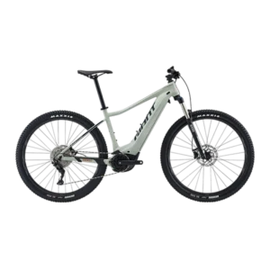 Silver electric hardtail bike with thick tyres and front suspension – side view.