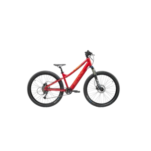 26” kids e-bike with black tyres and front suspension – viewed from the side.