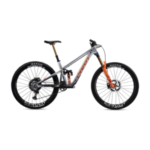 Vollgefedertes Enduro Premium-Mountainbike, orange/grau/schwarze Akzente, Seitenansicht.