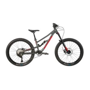 Black and red full-suspension 24” Fully youth mountain bike – side view on a white background.