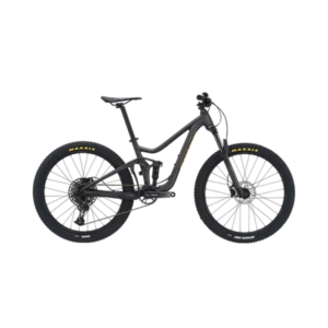 Black fully 26” youth mountain bike with Maxxis tyres – side view.