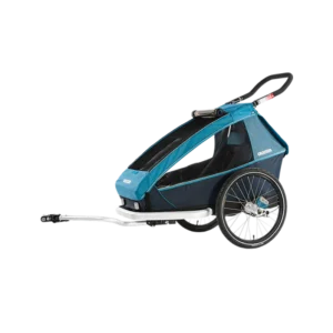 Blue and black child trailer for 2 children with two wheels and a transparent front cover.