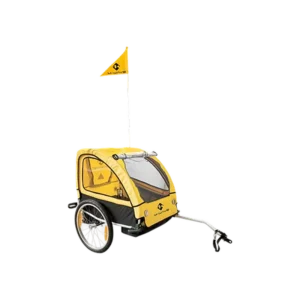 Yellow and black child trailer for 2 children with a safety flag on the back.
