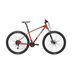Sport Fully Mountainbike in rot und schwarz mit dicken Reifen und Vorderradfederung, Seitenansicht.