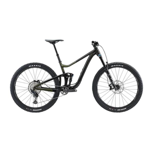 Sport Komplett schwarzes vollgefedertes Mountainbike mit dicken Reifen, Seitenansicht.