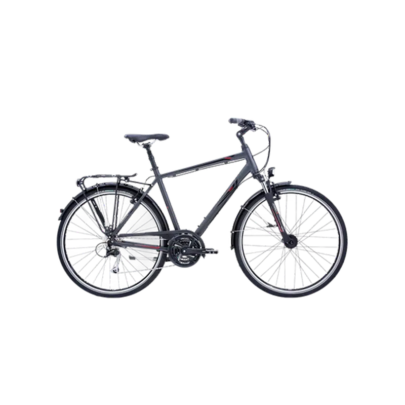 Sport Fully Citybike, schwarz und grau, mit Schutzblechen und Gepäckträger hinten.