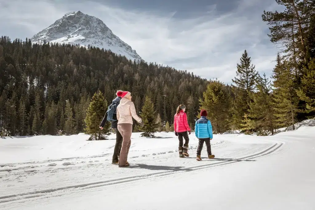Eine Familie wandert auf einem verschneiten Weg in der Nähe eines Waldes mit einem Berg im Hintergrund.