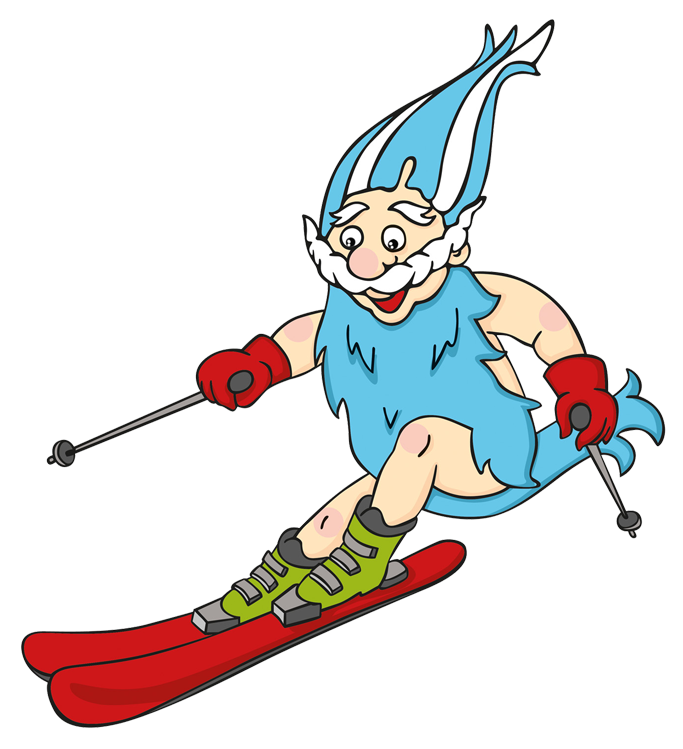 Cartoon Gnom mit blauen Haaren und Outfit Skifahren mit roten Skiern und grünen Stiefeln.