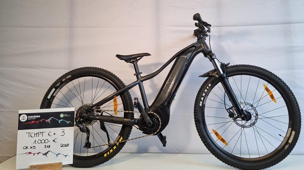 Liv Tempt E+ 3 Mountainbike mit dicker Bereifung neben einem Preisschild.