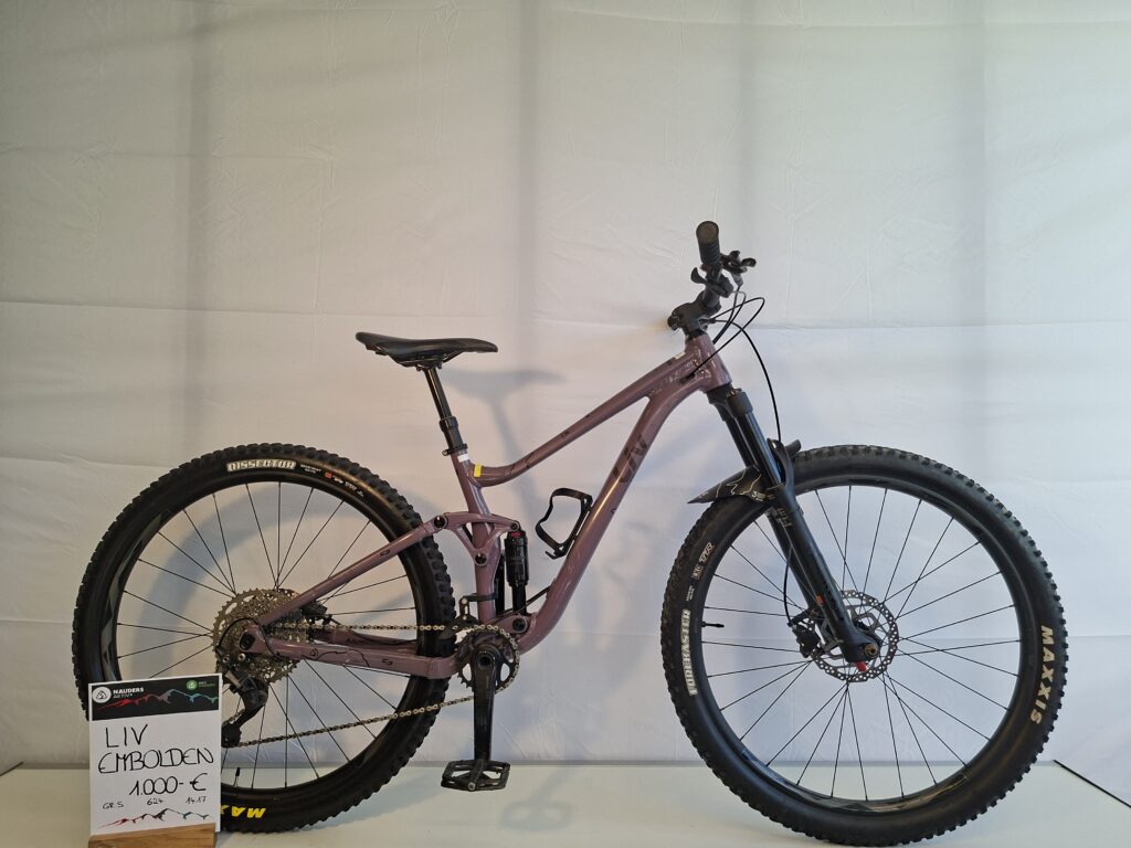 Ein Liv Embolden 2 Mountainbike steht aufrecht vor einem schlichten weißen Hintergrund.