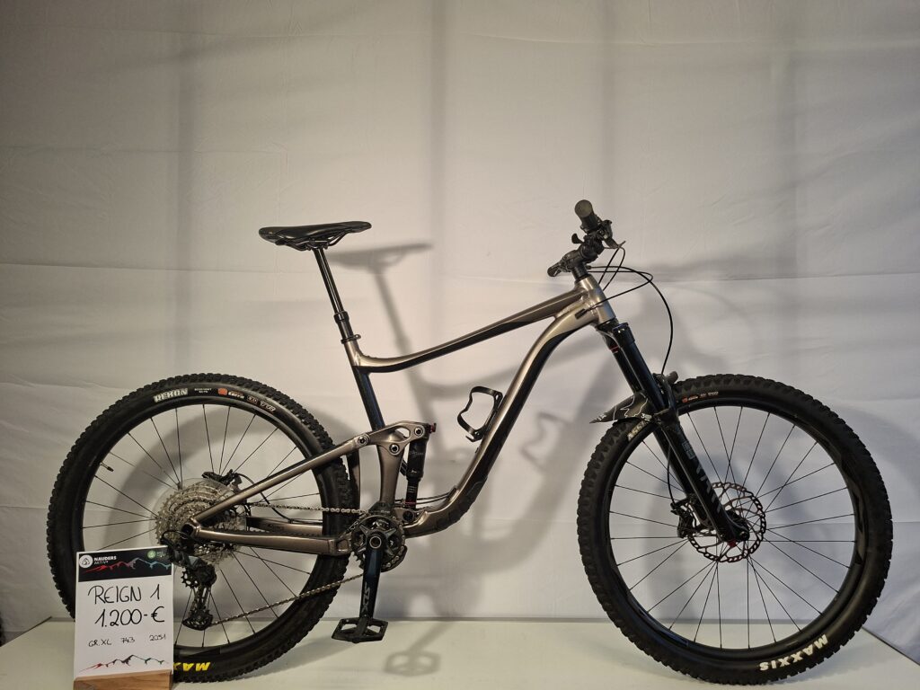Ausgestelltes vollgefedertes Mountainbike Giant Reign 1 mit einem Schild: 1.200 Euro.