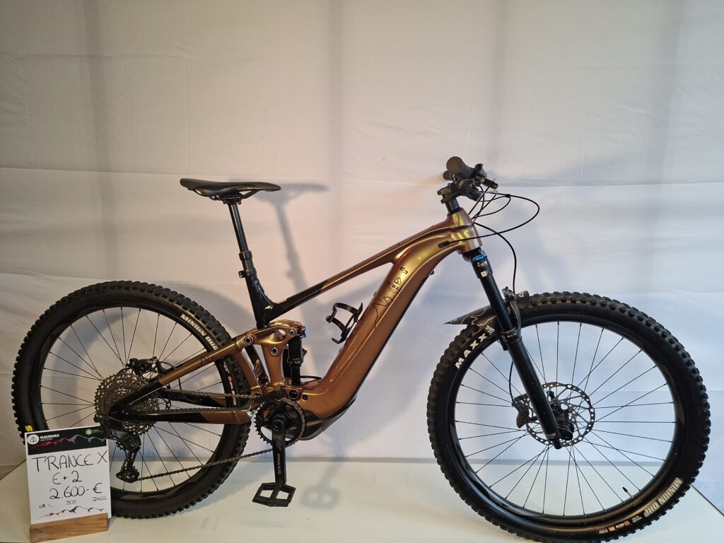 Giant Trance X E+2 vollgefedertes Fahrrad, ausgestellt in einer Halle mit Preisschild am Vorderrad.