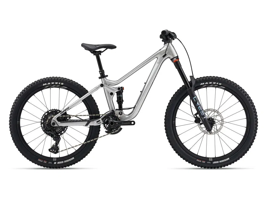 Giant Faith 24: silbernes vollgefedertes MTB mit Scheibenbremsen und Stollenreifen.