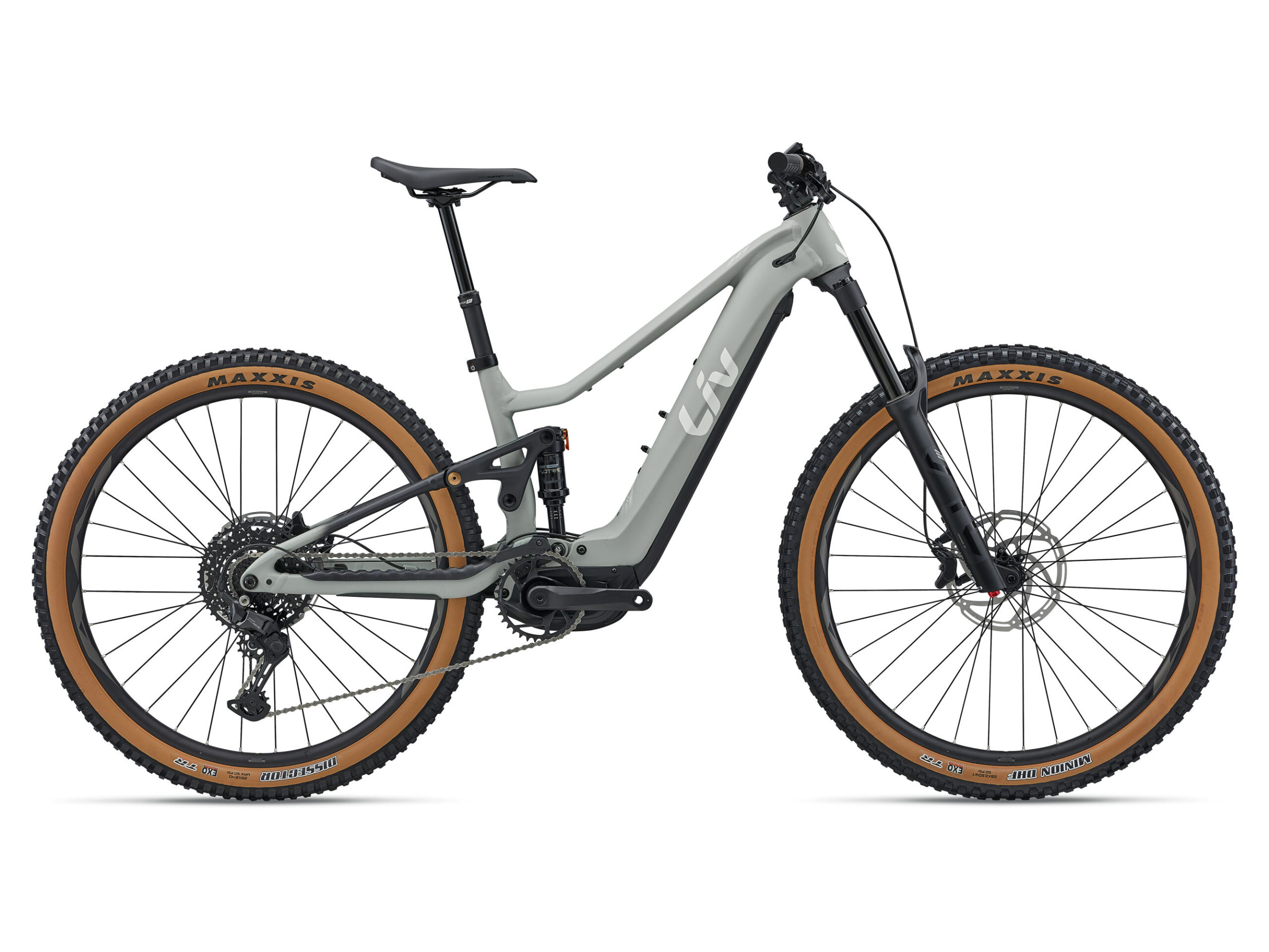 Gray Giant Fathom E+ 29 2 mit hellbraunen Reifen, Scheibenbremsen und einer Federgabel.