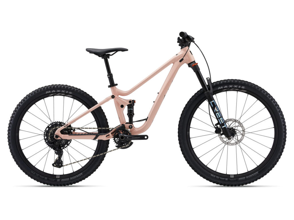 Faith Mini-Mullet Full-Suspension-Mountainbike, Seitenansicht, mit schwarzen Reifen und Komponenten.