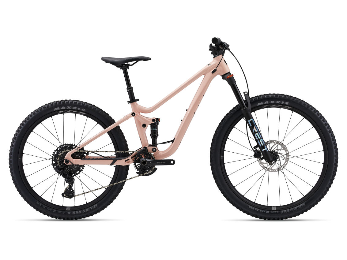 Faith Mini-Mullet Full-Suspension-Mountainbike, Seitenansicht, mit schwarzen Reifen und Komponenten.
